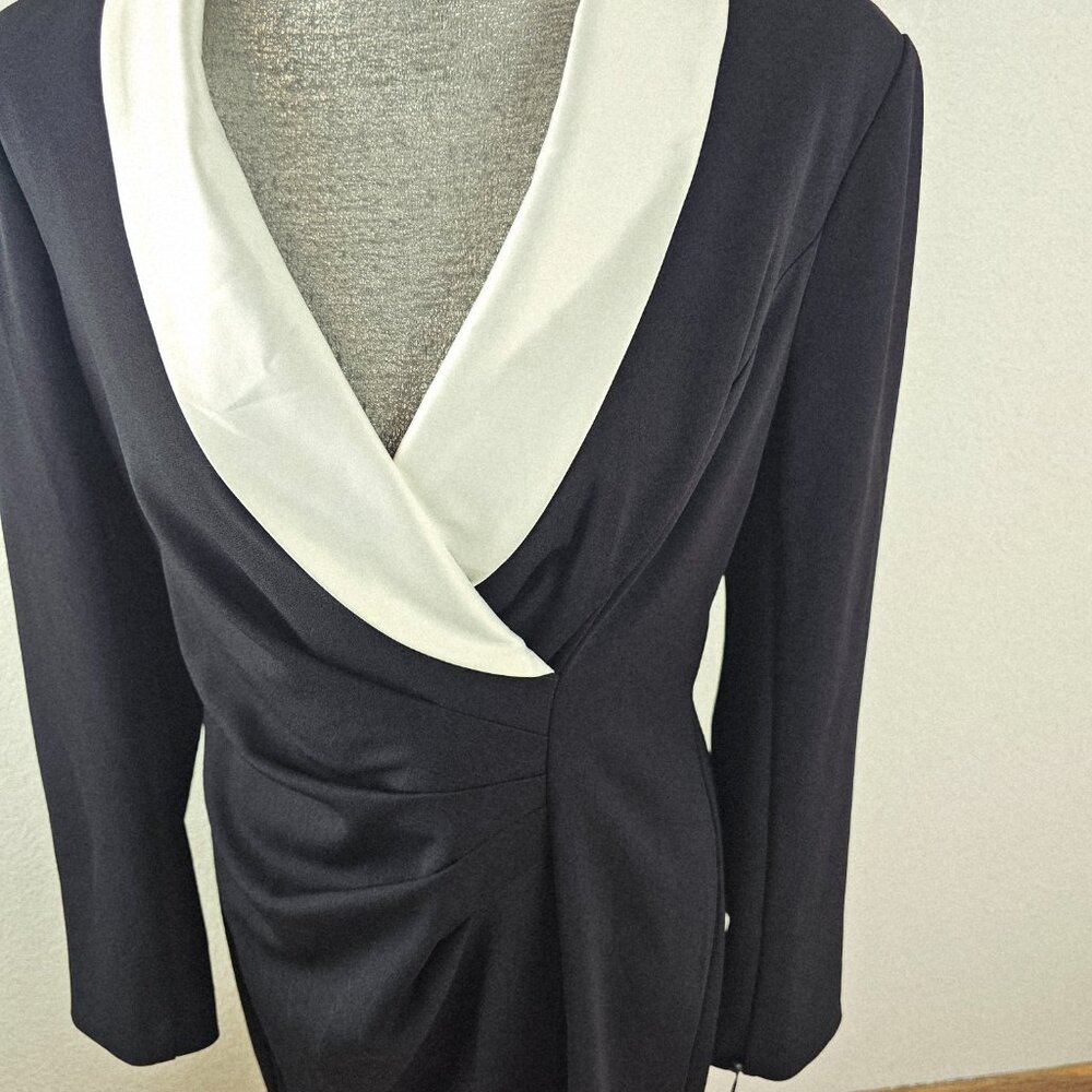 Adrianna Papell Tuxedo Black Ivory Knit Crepe & Satin Sheath Dress Size 12 - Picture 2 of 9